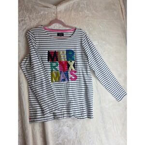 Joules Striped Long Sleeve Merry Christmas Applique Top Size US 14